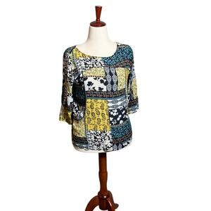J. Jill blouse mixed floral print 3/4 sleeve top blue white yellow popover Sz S